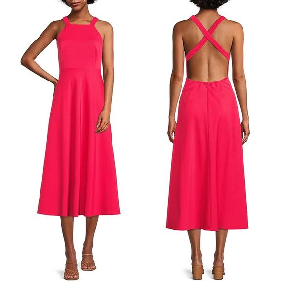 ANTONIO MELANI Dresses & Skirts - Antonio Melani Size 4 Red Pink Halter Sleeveless Open Back A-Line Midi Dress NWT